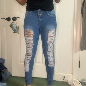 Distressed blue jeans
